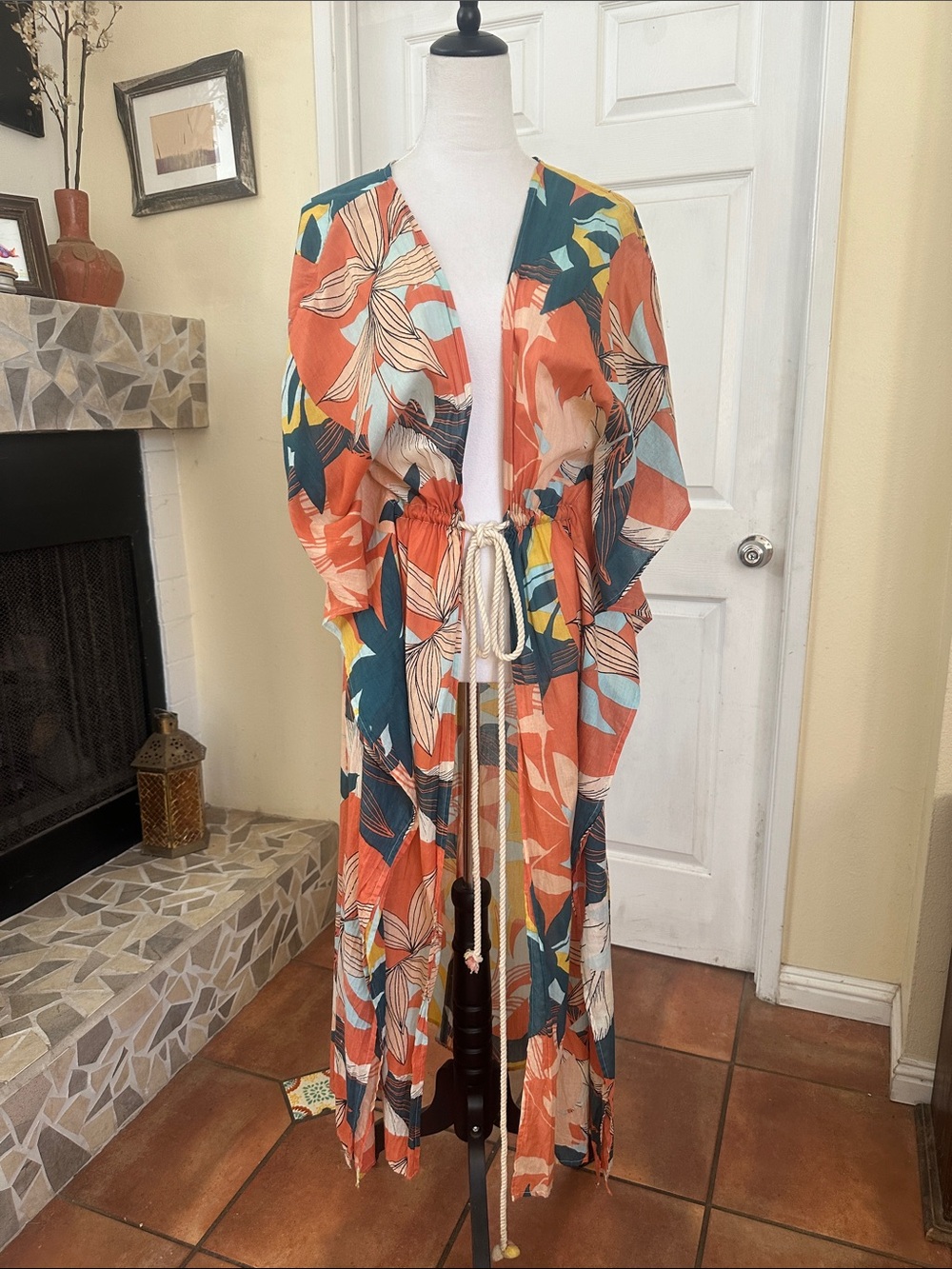 Women's Floral Tie-Waist Swim Coverup - Orange Multi
